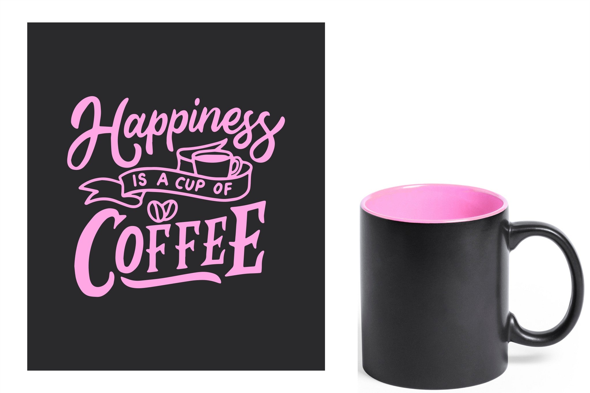 zwarte keramische mok met roze gravure  'Happiness is a cup of coffee'.