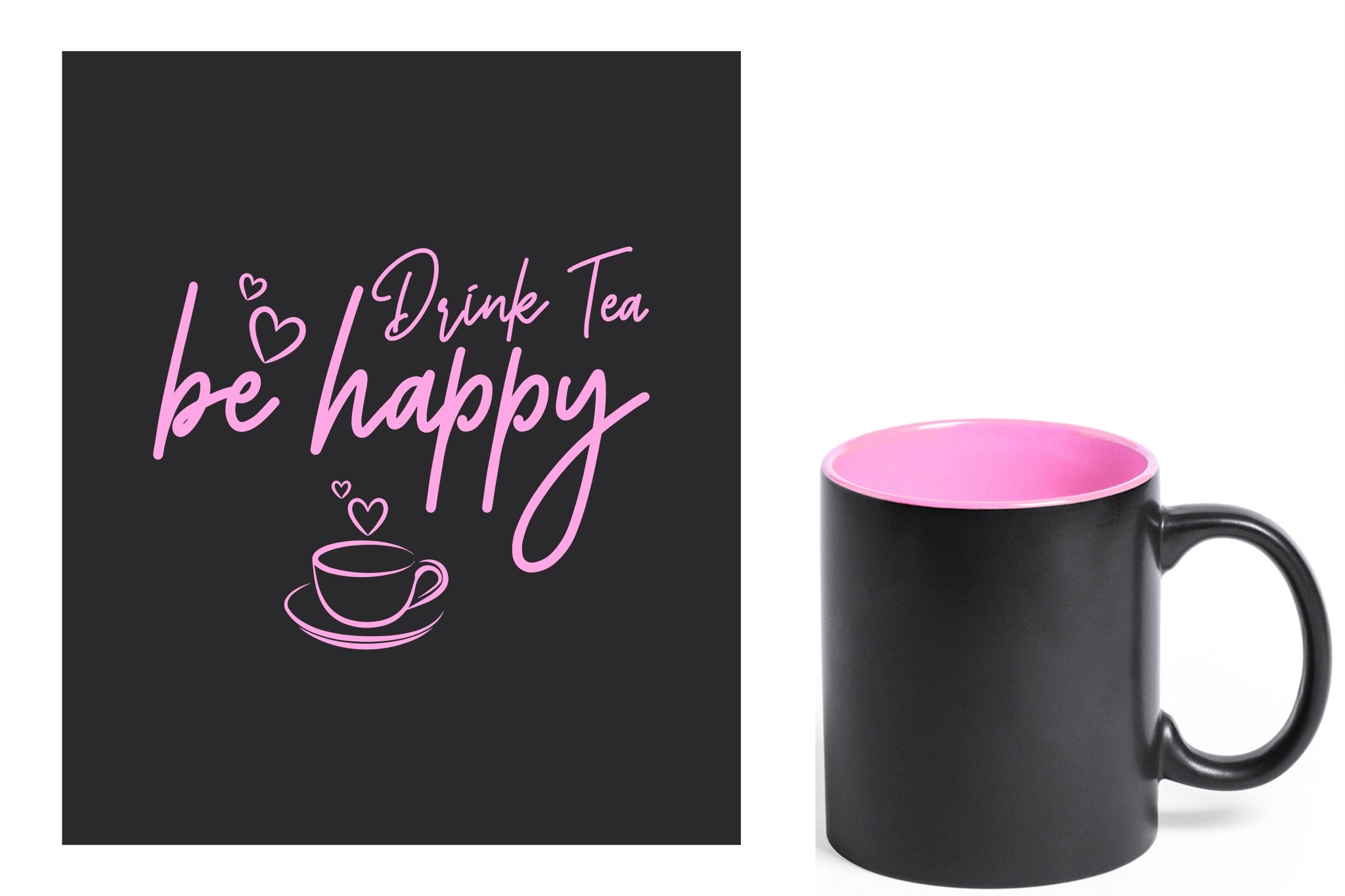 zwarte keramische mok met roze gravure  'Be happy drink tea'.