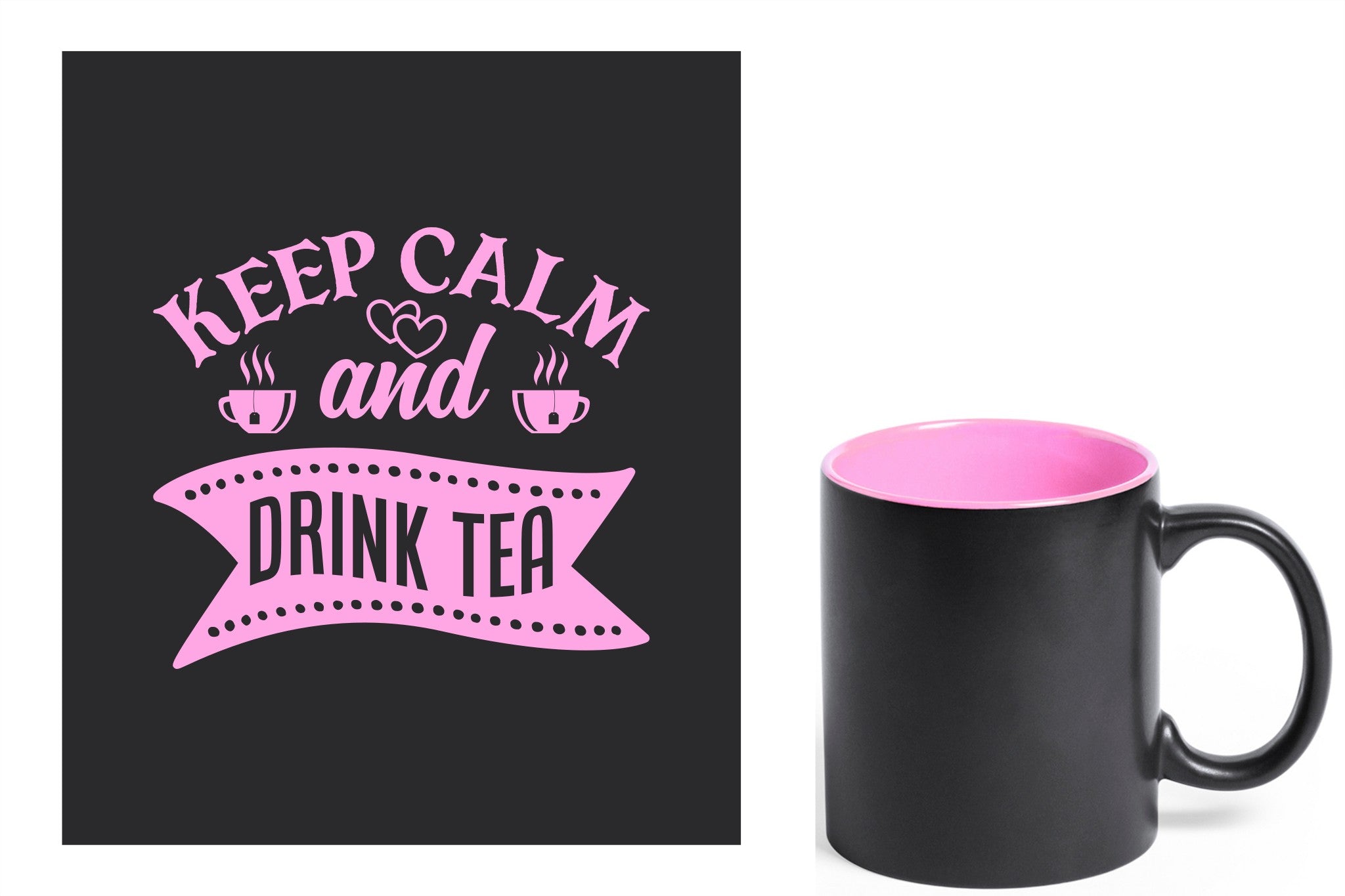 zwarte keramische mok met roze gravure  'Keep calm and drink tea'.