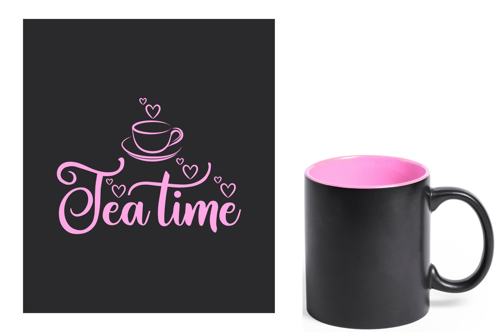 zwarte keramische mok met roze gravure  'tea time'.