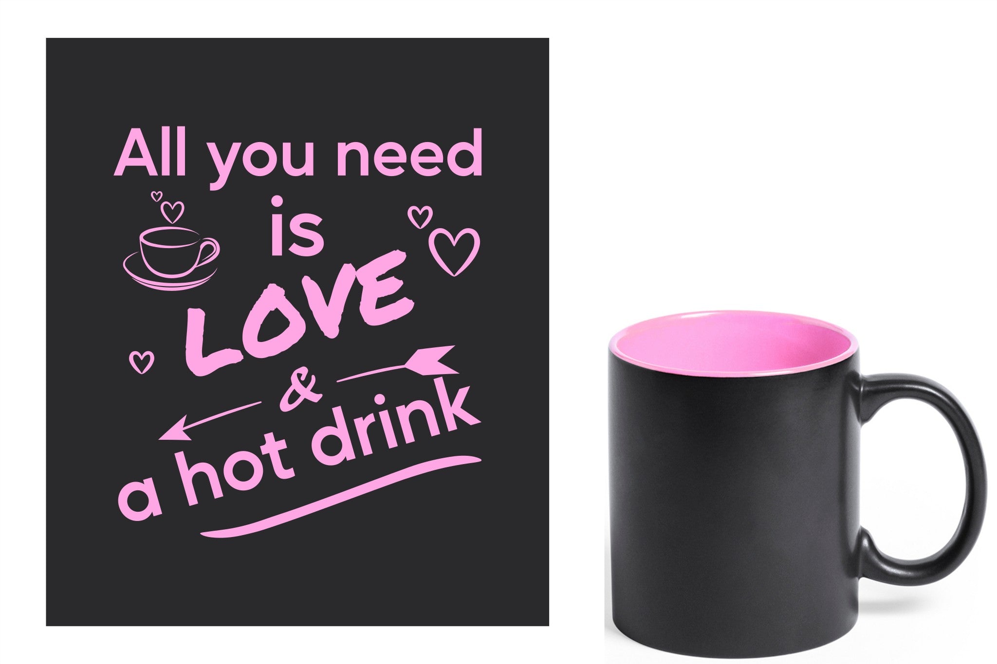zwarte keramische mok met roze gravure  'All you need is love & a hot drink'.