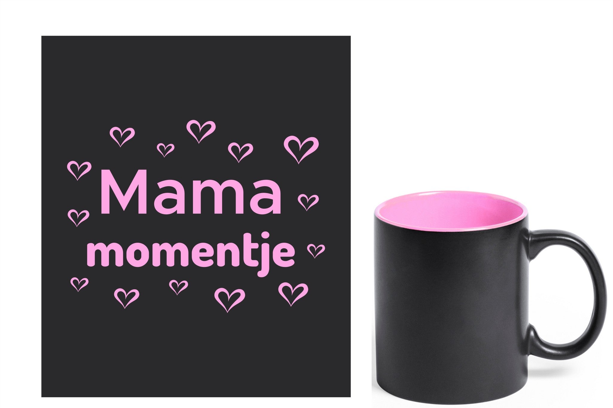Keramische mok voor mama. Moederdag cadeau. Cadeau voor haar. Gravure 'Mama momentje'. Zwarte mok met roze gravure.