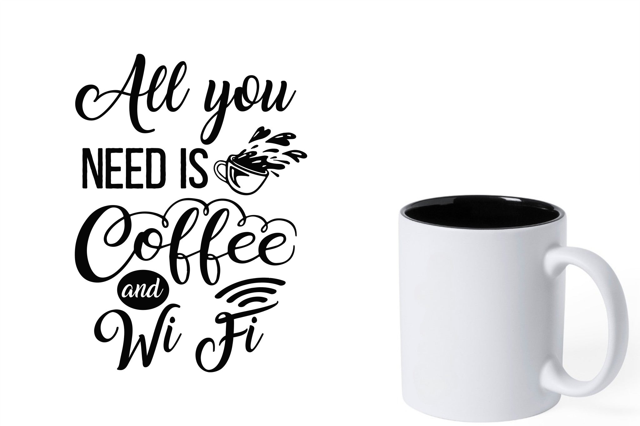 Witte keramische mok met zwarte gravure  'All you need is coffee and wifi'.