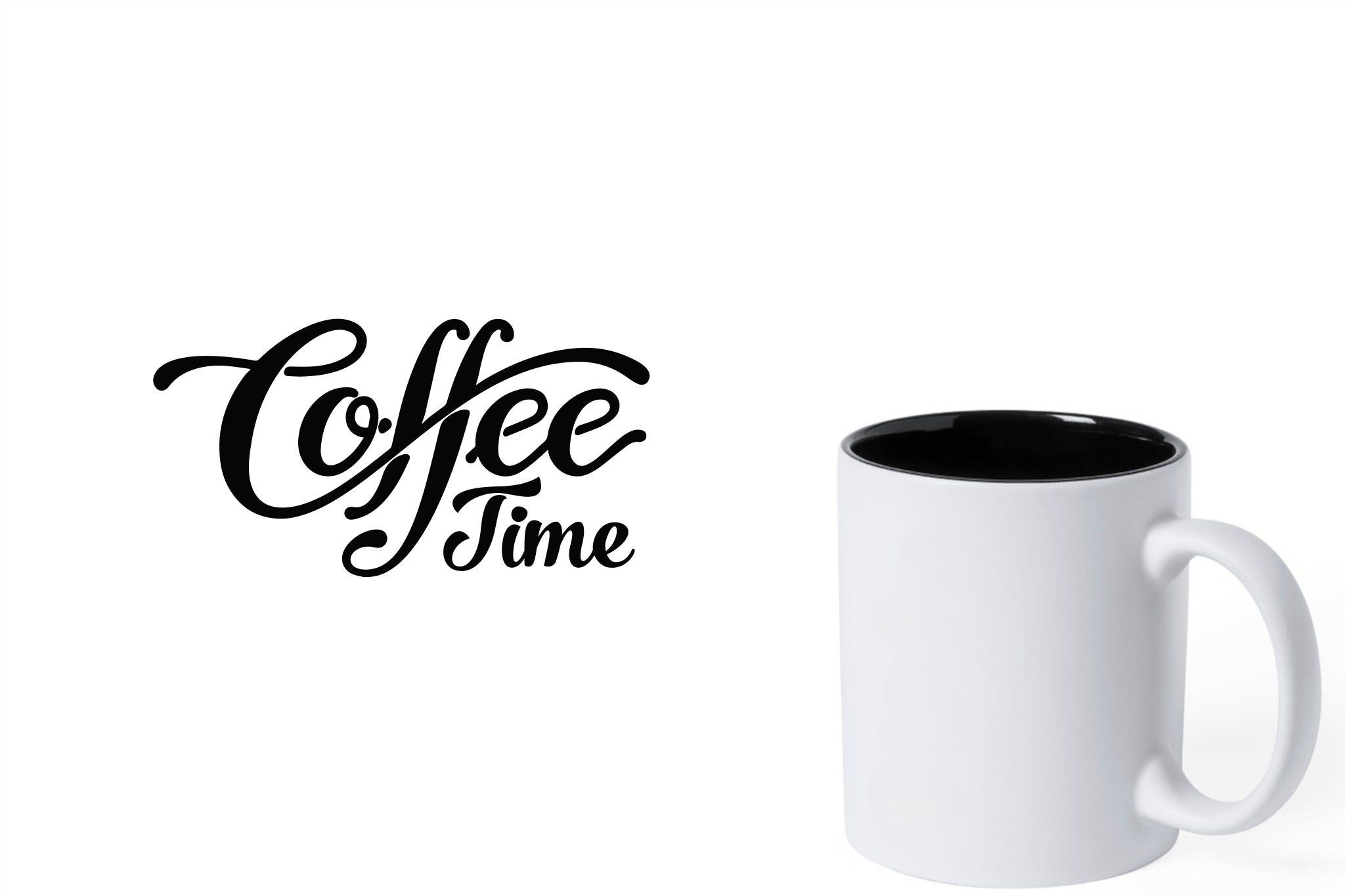 Witte keramische mok met zwarte gravure  'Coffee time'.