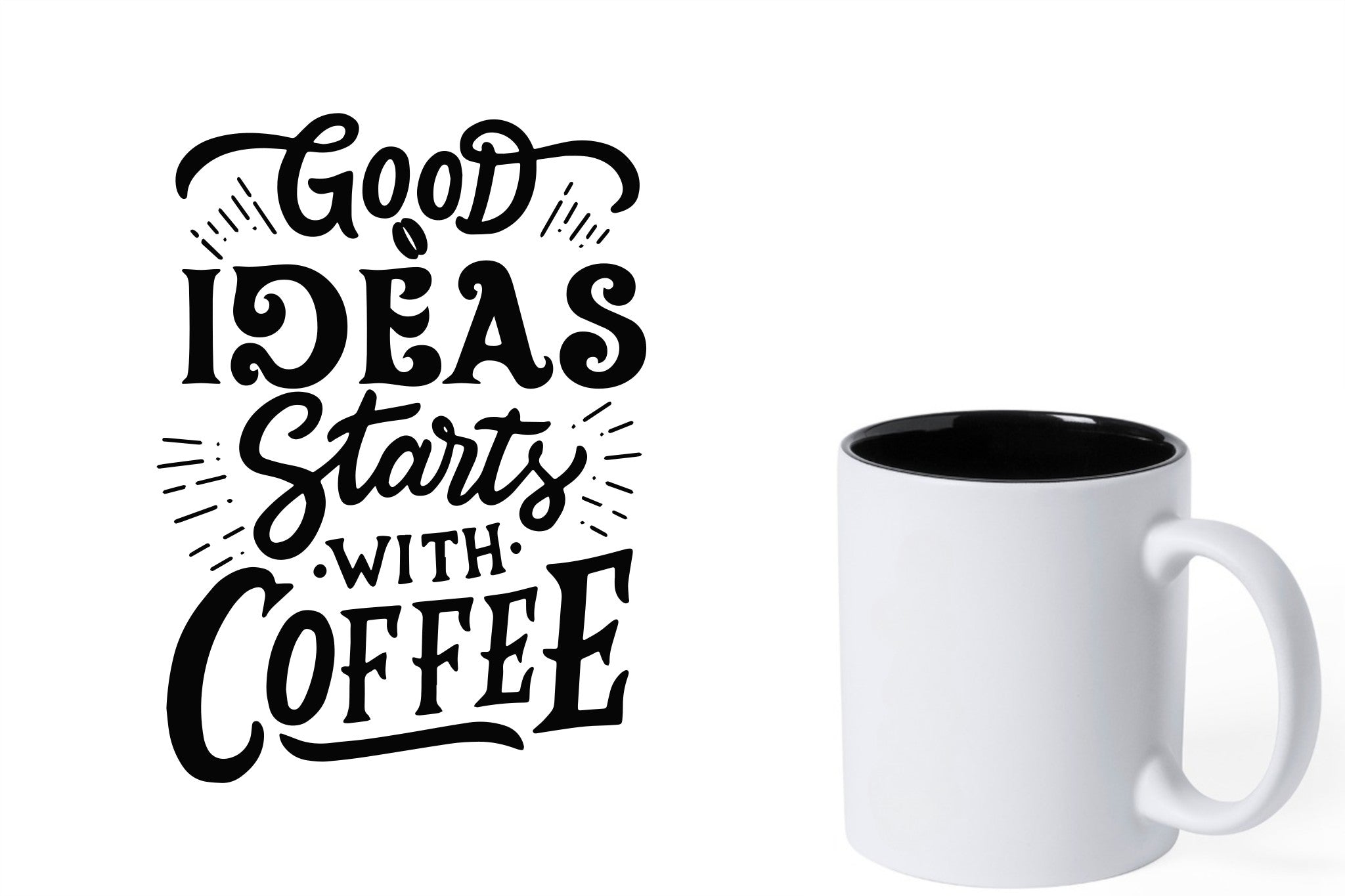 Witte keramische mok met zwarte gravure  'Good ideas starts with coffee'.