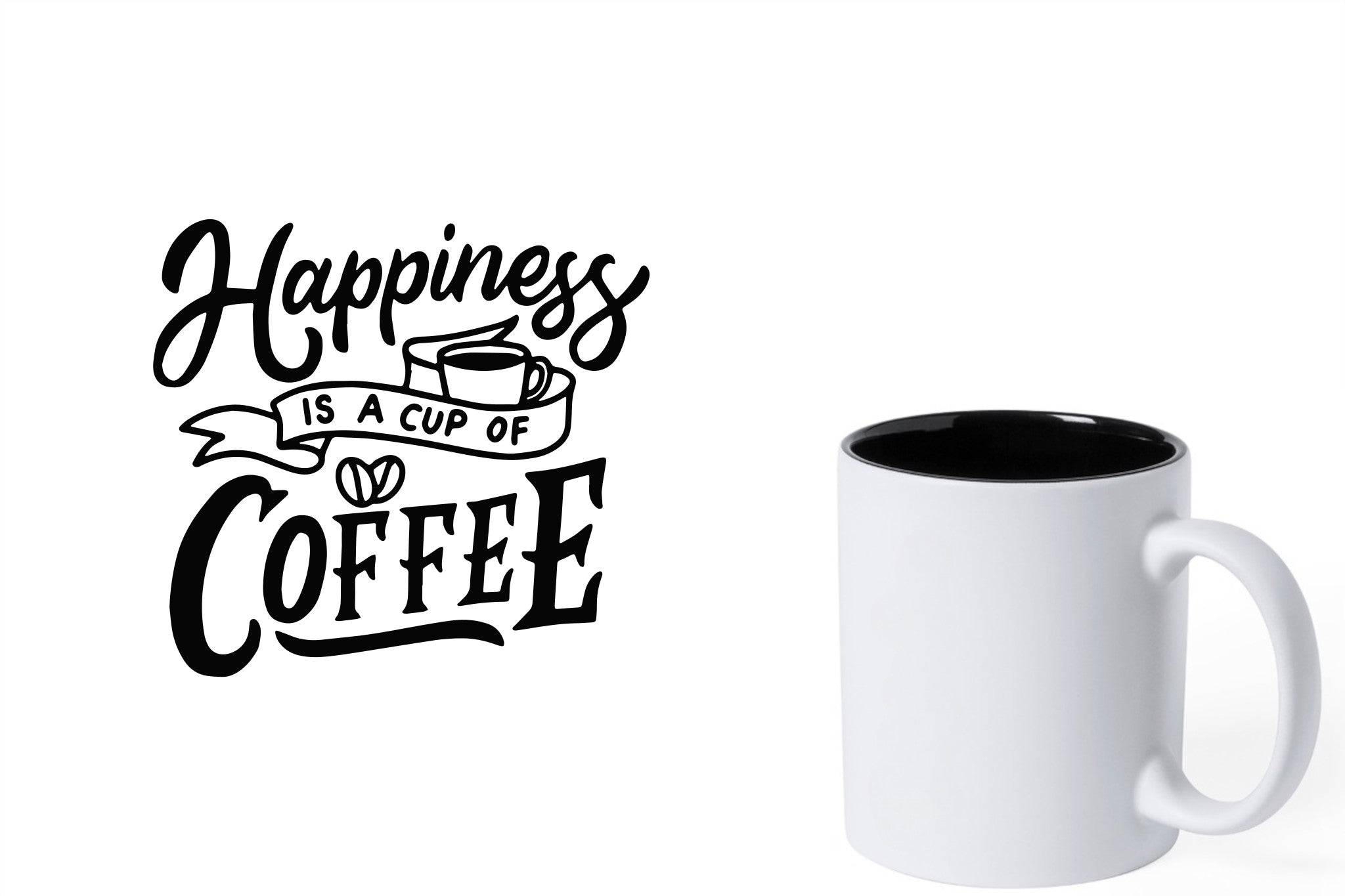 Witte keramische mok met zwarte gravure  'Happiness is a cup of coffee'.