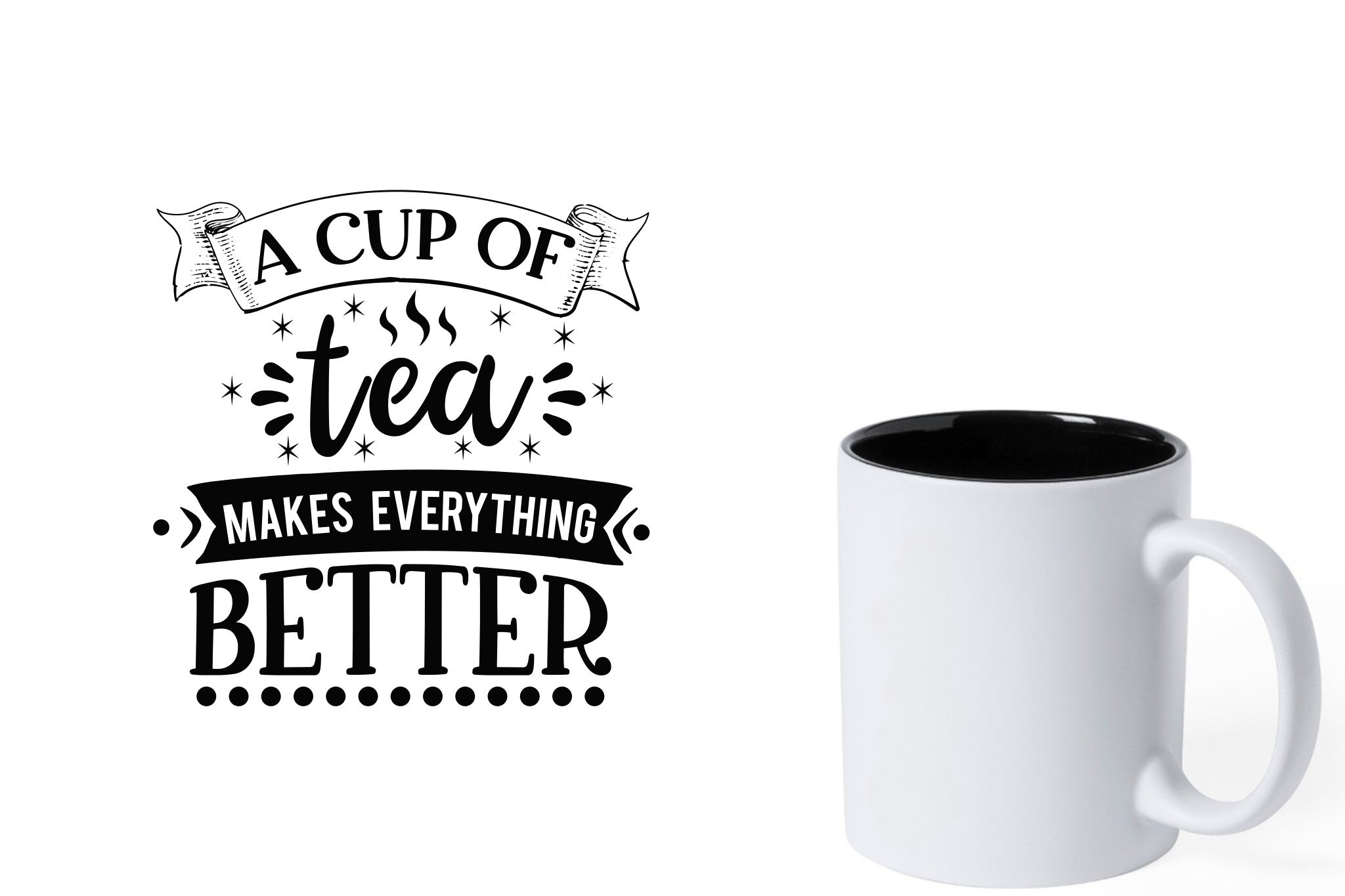 Witte keramische mok met zwarte gravure  'A cup of tea makes everything better'.