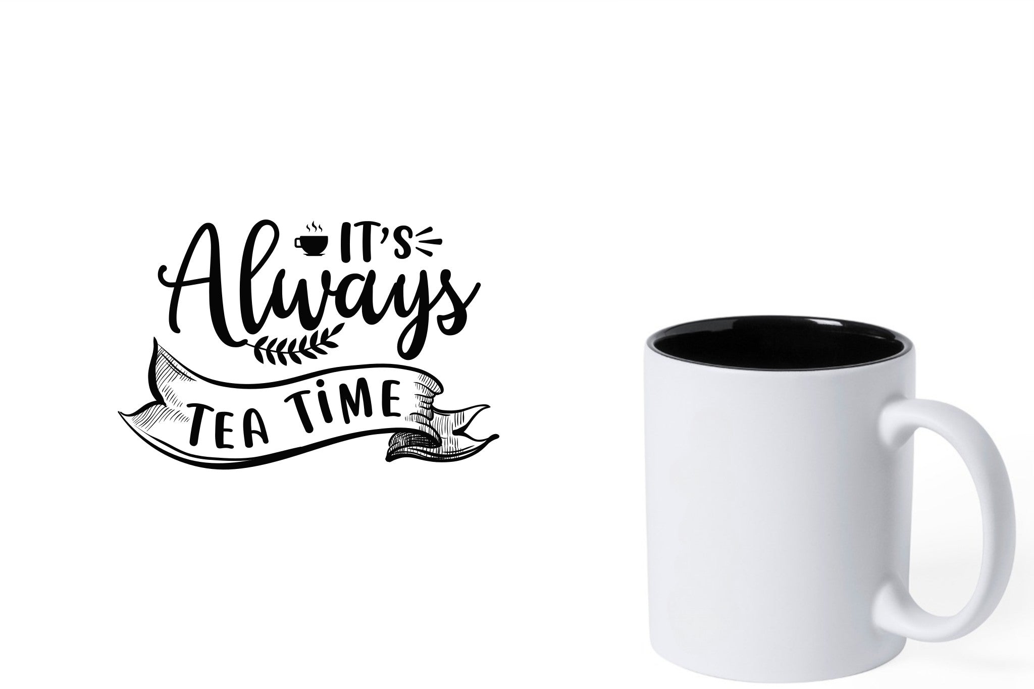 Witte keramische mok met zwarte gravure  'It's always tea time'.