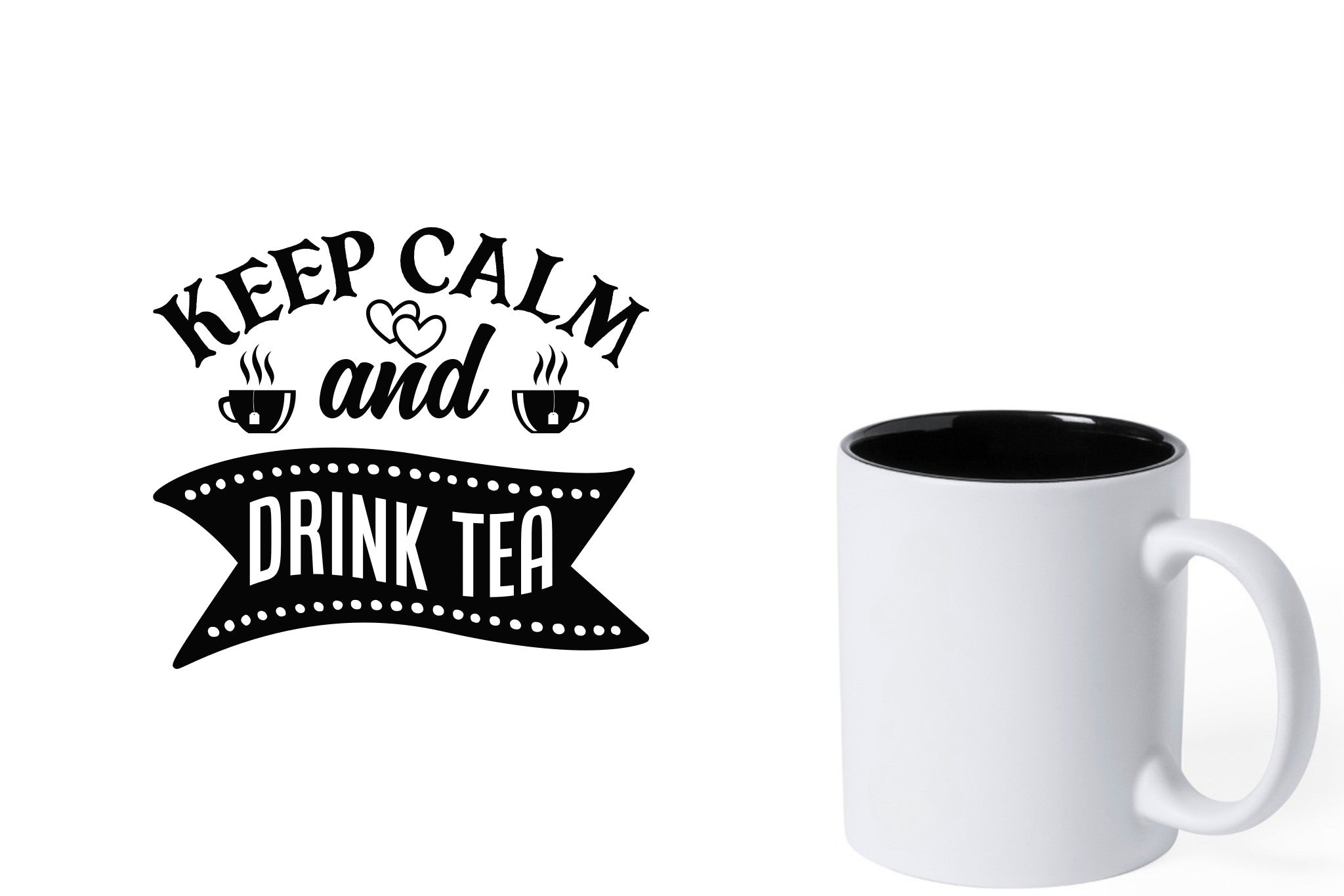 Witte keramische mok met zwarte gravure  'Keep calm and drink tea'.