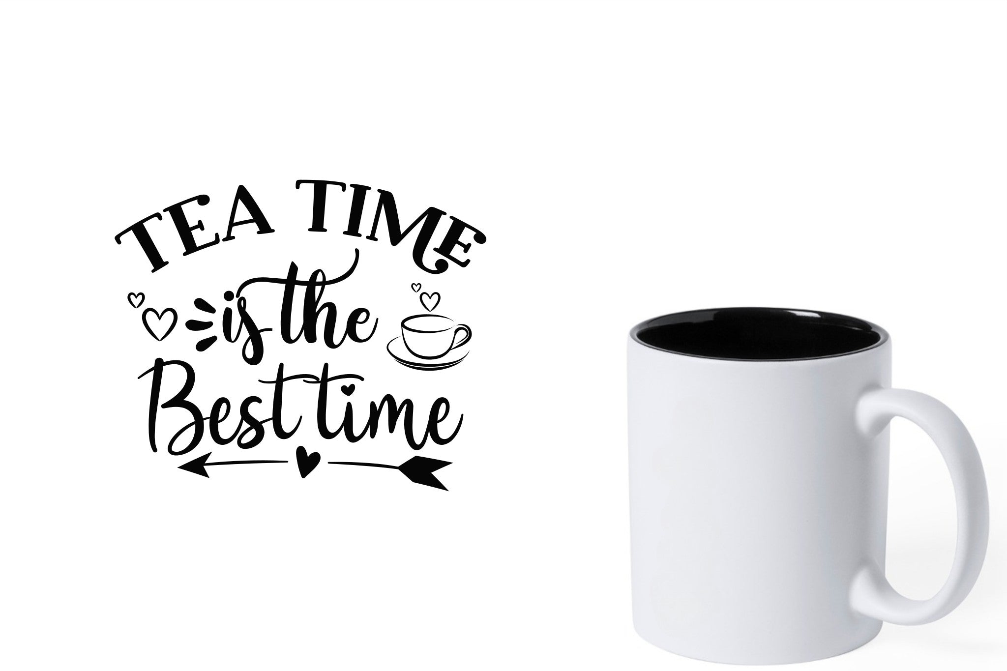 Witte keramische mok met zwarte gravure  'Tea time is the best time'.