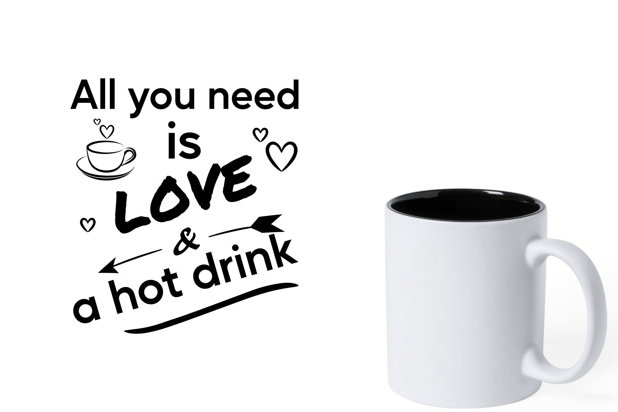 Witte keramische mok met zwarte gravure  'All you need is love & a hot drink'.