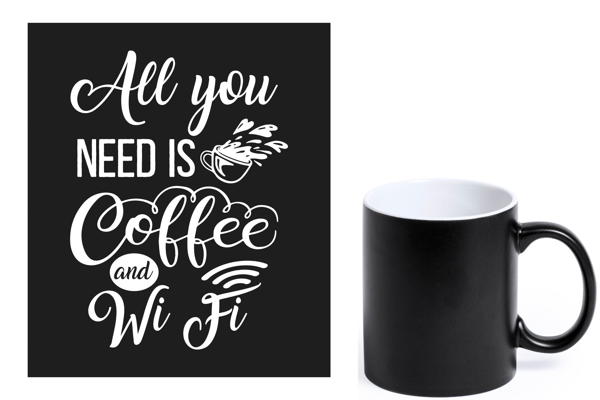 zwarte keramische mok met witte gravure  'All you need is coffee and wifi'.