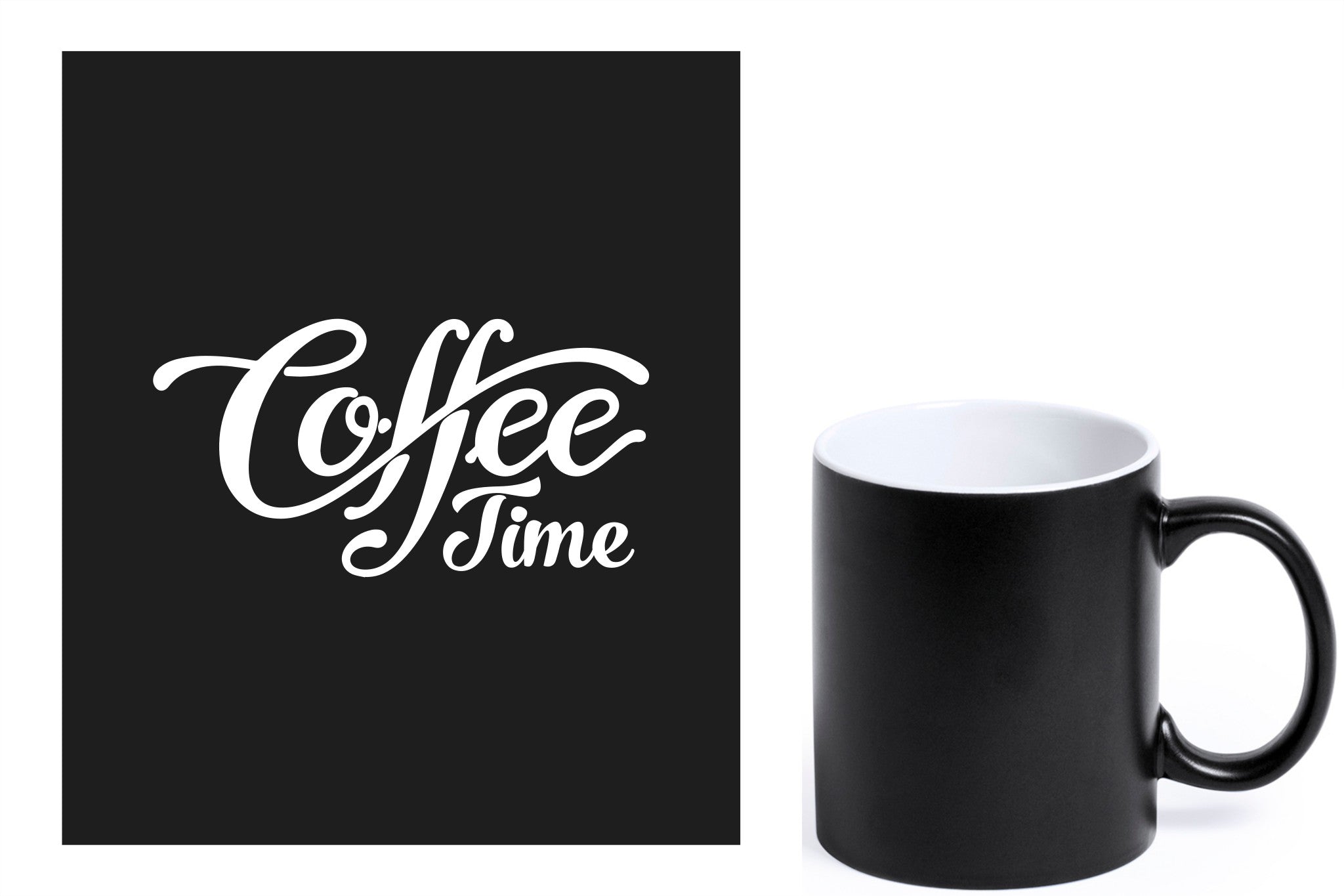 zwarte keramische mok met witte gravure  'Coffee time'.