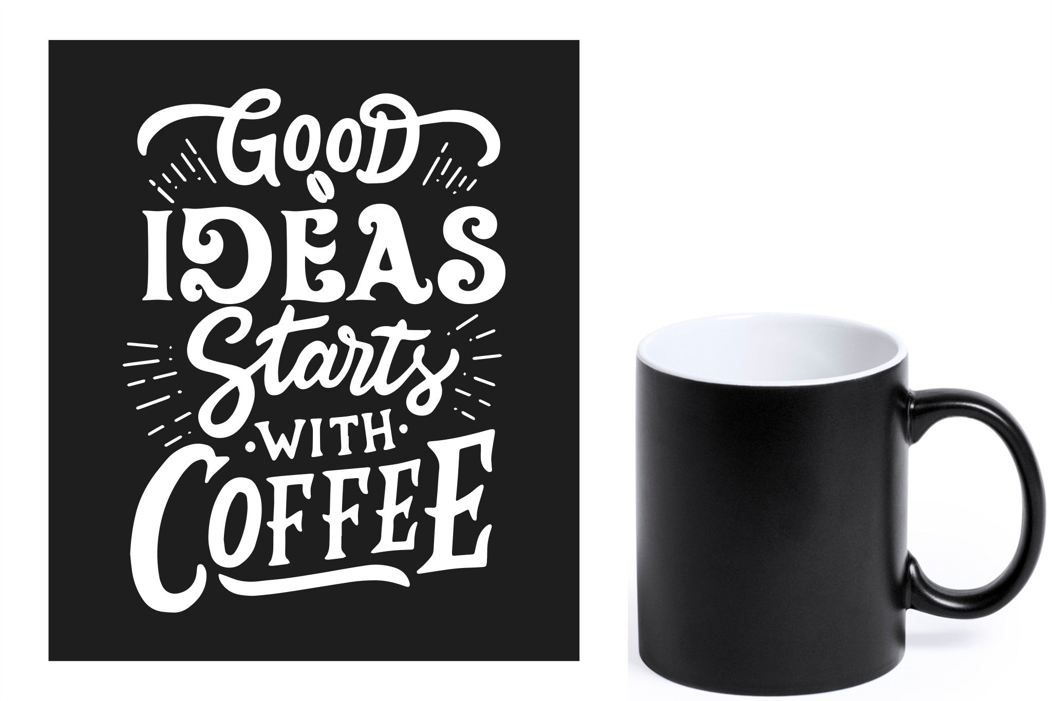 zwarte keramische mok met witte gravure  'Good ideas starts with coffee'.