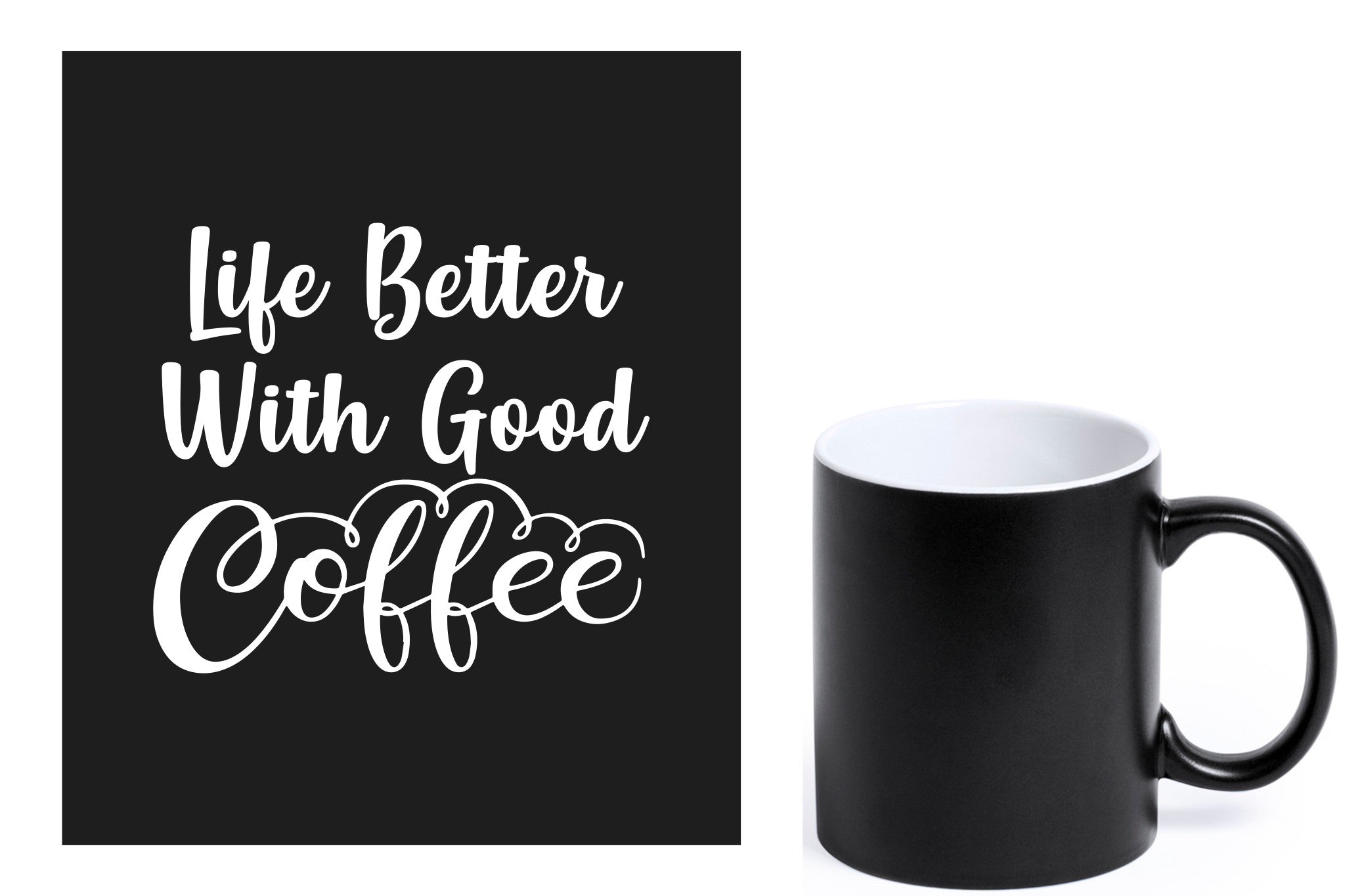 zwarte keramische mok met witte gravure  'Life is better with good coffee'.