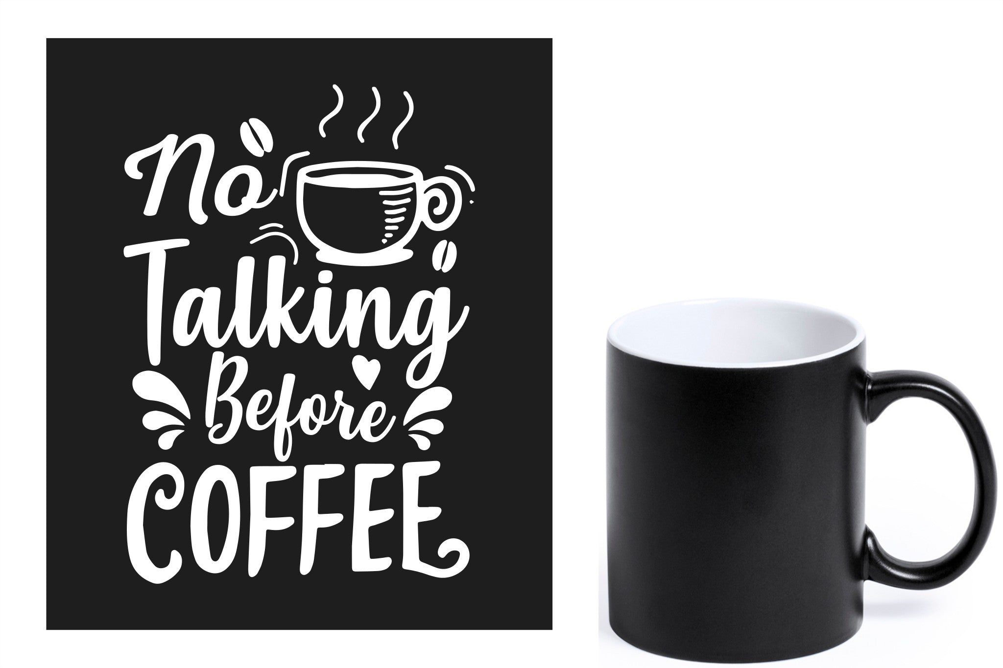 zwarte keramische mok met witte gravure  'No talking before coffee'.