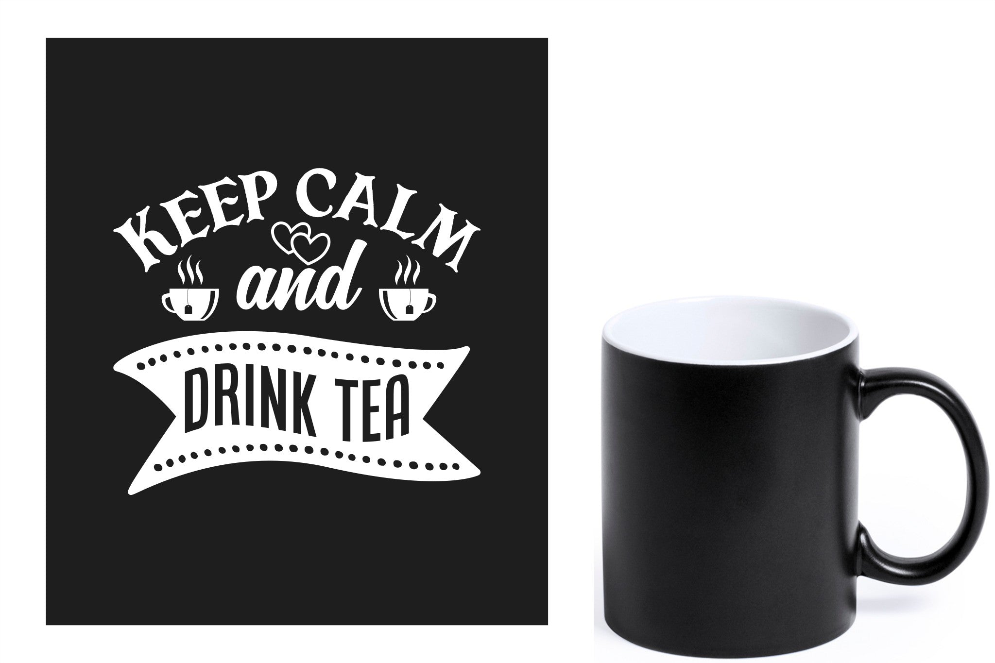 zwarte keramische mok met witte gravure  'Keep calm and drink tea'.