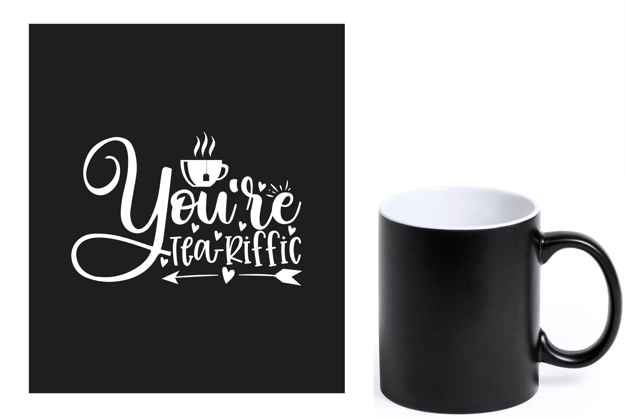 zwarte keramische mok met witte gravure  'You're teariffic'.