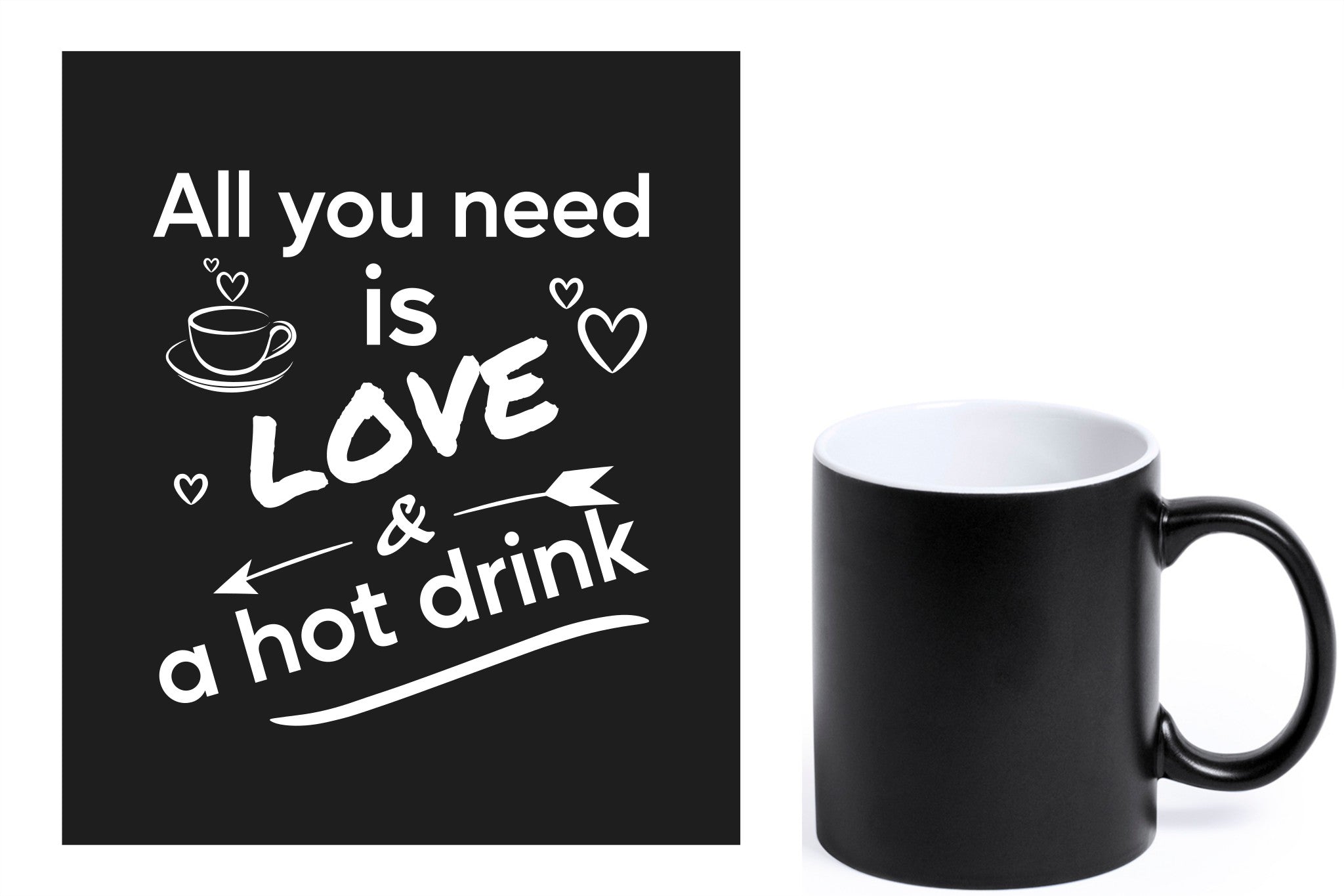 zwarte keramische mok met witte gravure  'All you need is love & a hot drink'.