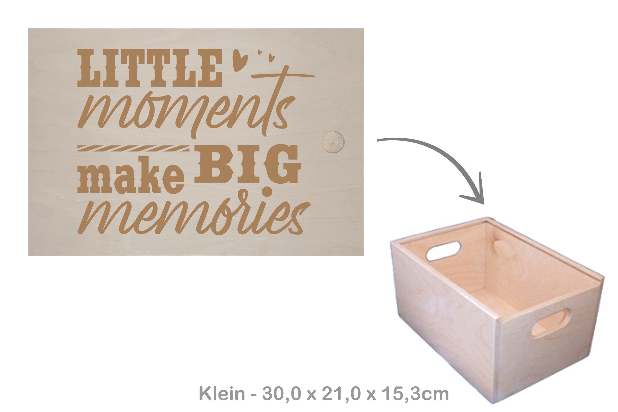 Houten opbergkist met schuifdeksel met gravure, klein model, gegraveerde met quote of tekst 'Little moments make big memories'.