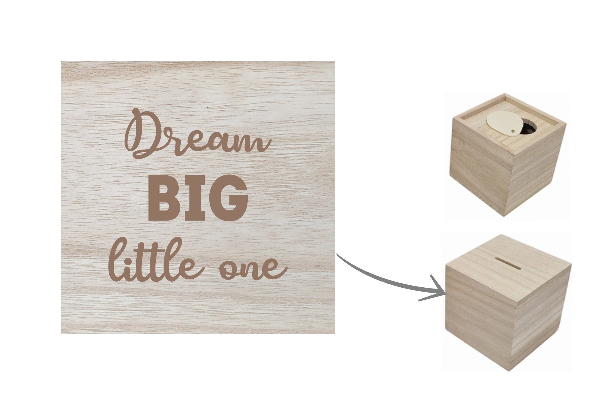 Houten spaarpot met gravure met inspirerende quote 'Dream big little one'