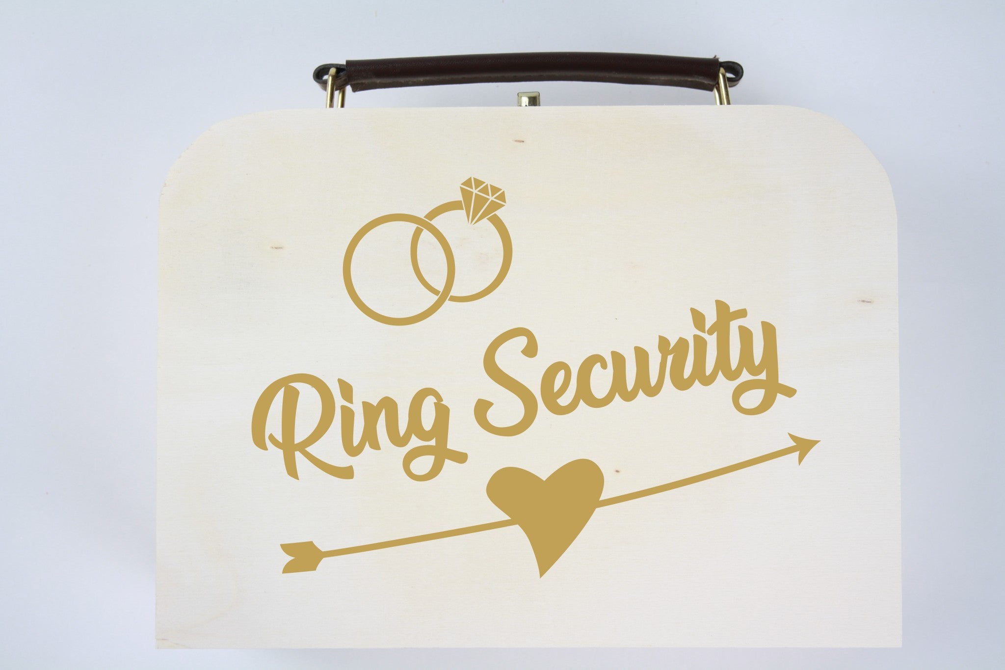 Houten koffertje, Trouwkoffer. Gravure met 'Ring security'.