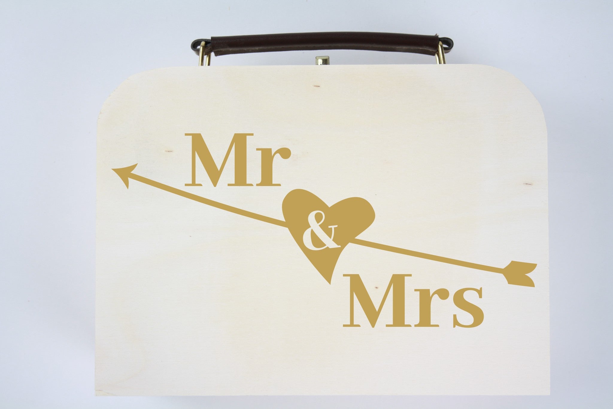 Houten koffertje, Trouwkoffer. Gravure met 'Mr & Mrs'.