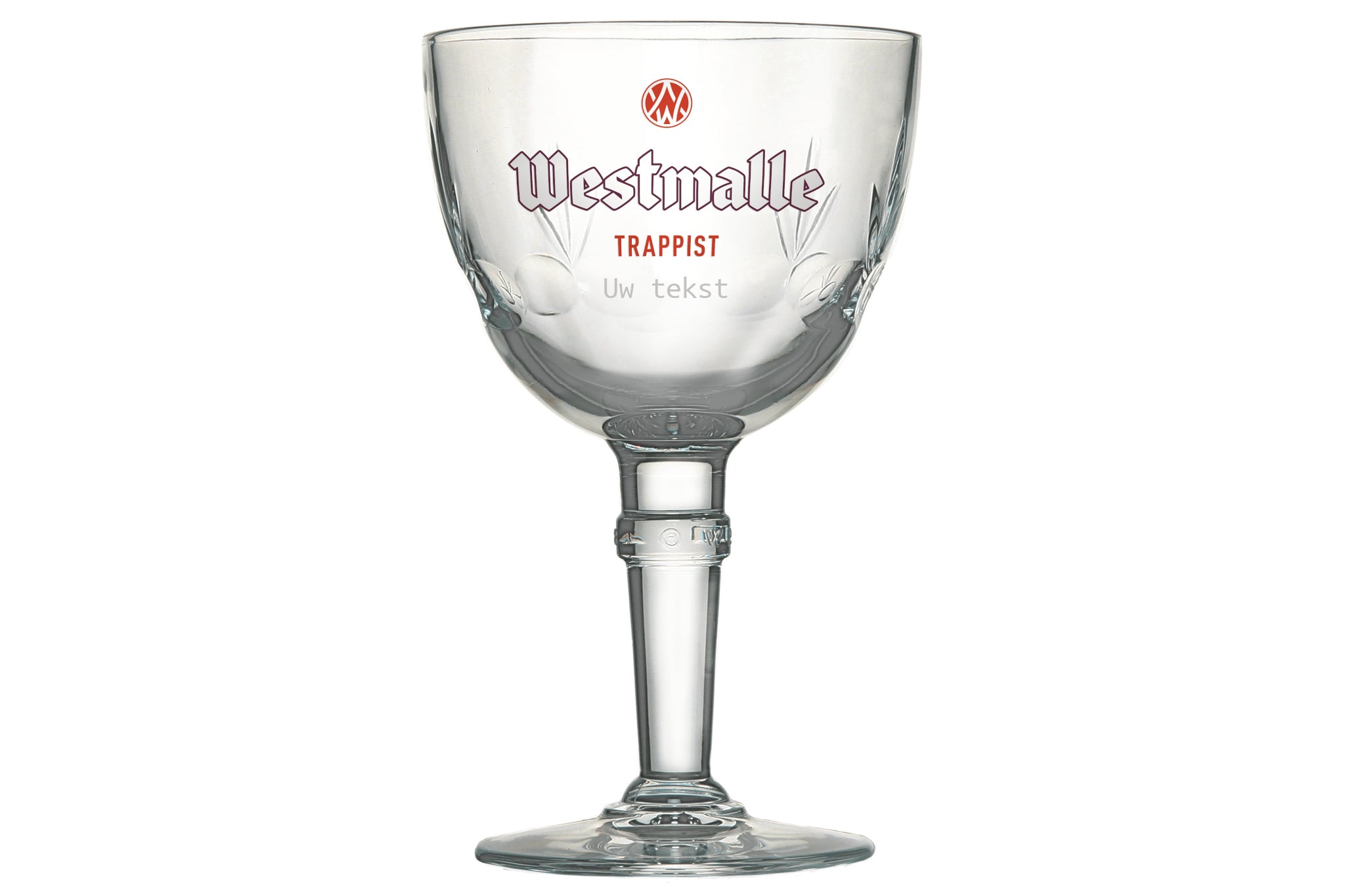 Westmalle Trappist bierglas met klassieke kelkvorm, gegraveerd met een persoonlijke naam of tekst. Perfect voor bierliefhebbers en als cadeau.