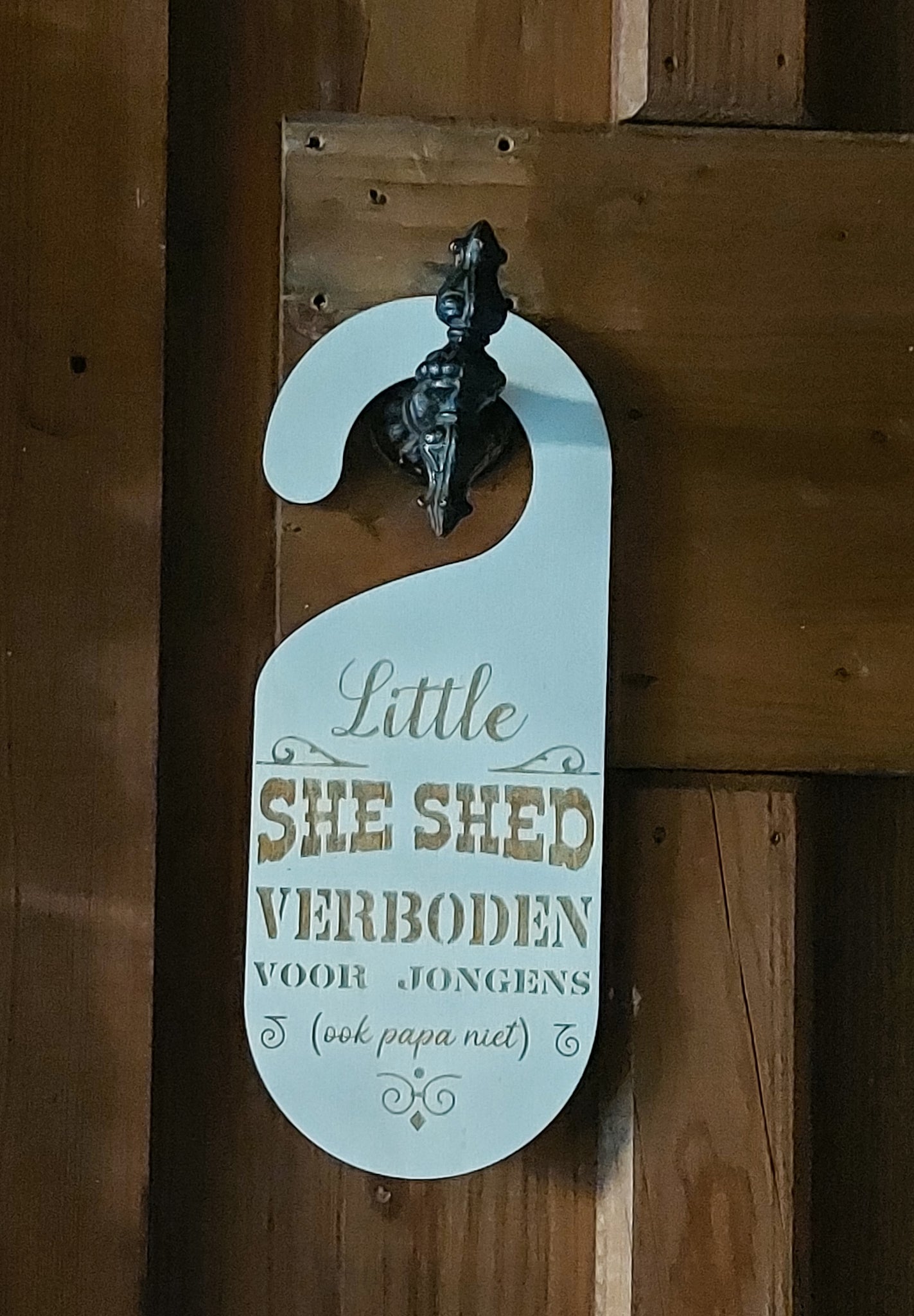 Houten deurhanger met gravure 'Little she shed, verboden voor jongens (ook papa niet)'