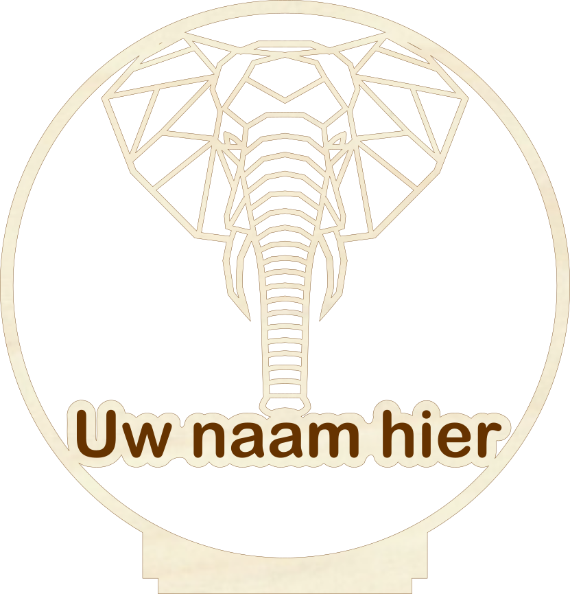 Houten geometrische olifant gepersonaliseerd met naam.