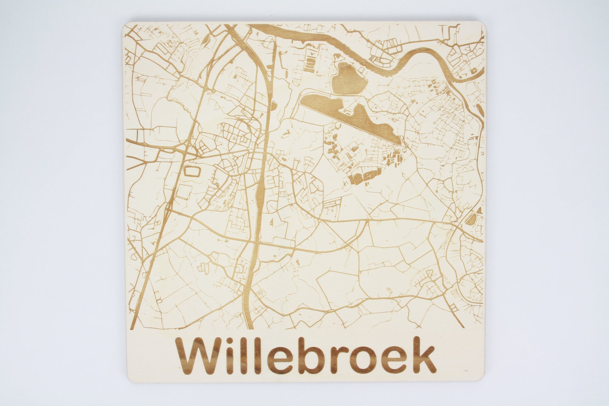 Houten bord met gravure van het grondplan van Willebroek. Willebroek map of plan op hout gegraveerd