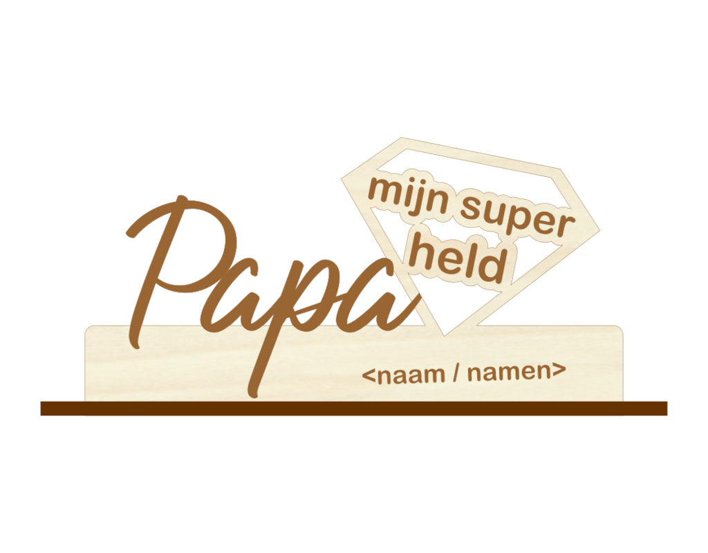 Houten cadeau voor Vaderdag. Cadeau voor dag van de Papa's. gravure met 'Papa mijn super held' inclusief de namen van de kinderen.